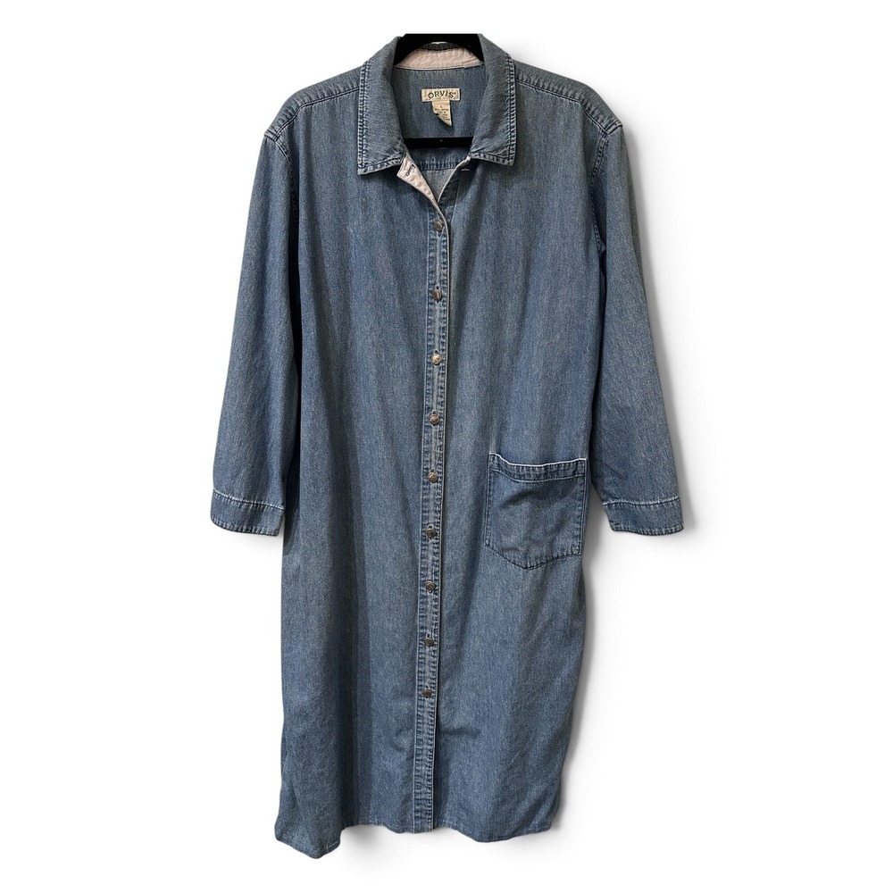 Vintage 90s Orvis Denim Shirt Dress Large Buffalo Coin Buttons Western Midi